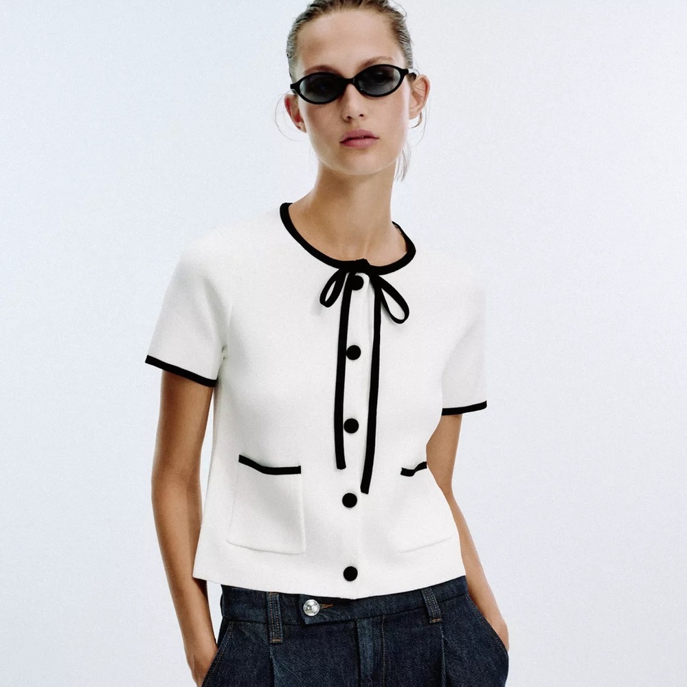 Zara White & Black Trim Tie Bow Round Neck Short Sleeve Buttons Cardigan NWT S